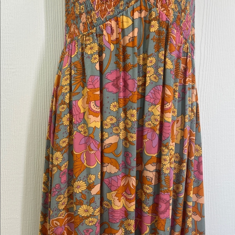 Aakaa - Colorful Floral Smocked Cross Chest Slit Long Maci Dress Size Small - Picture 3 of 12